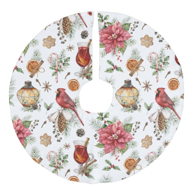 Weihnachtssymbole Muster Kardinal, Poinsettia Leinenimitat Weihnachtsbaumdecke (Vorderseite)