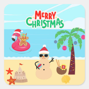 Weihnachtsszene am Strand Quadratischer Aufkleber