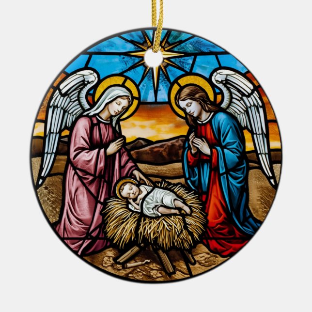 Weihnachtsszene Buntglas Keramik Ornament (Vorne)