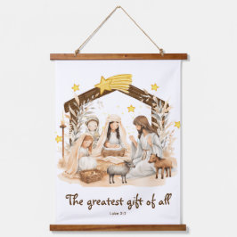 Weihnachtsszene "Das größte Geschenk von allen"Rel Wandteppich Mit Holzrahmen