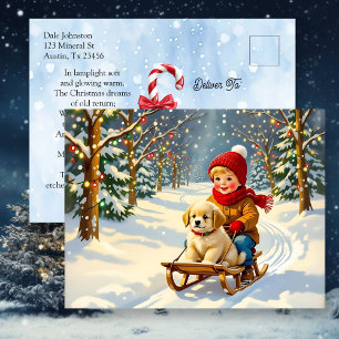 Weihnachtsszene im Vintage-Stil, Junge auf Schlitt Feiertagspostkarte
