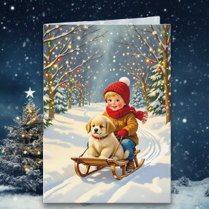 Weihnachtsszene im Vintage-Stil, Junge auf Schlitt Karte