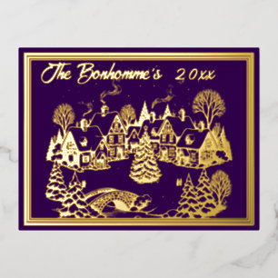 Weihnachtsszene in Gold mit Lila Folien Feiertagspostkarte