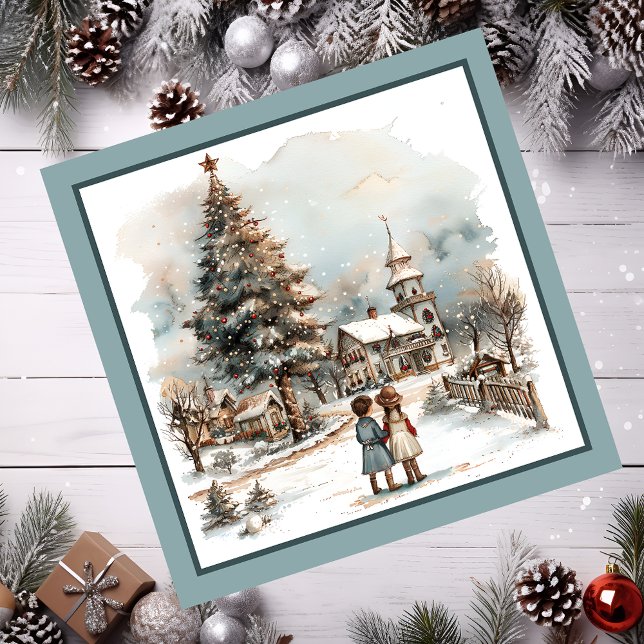 Weihnachtsszene Magnetkarte (Children in a Christmas vintage scene.)