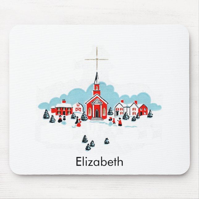 Weihnachtsszene mit einer Roten Kirche und Stern O Mousepad (Vorne)