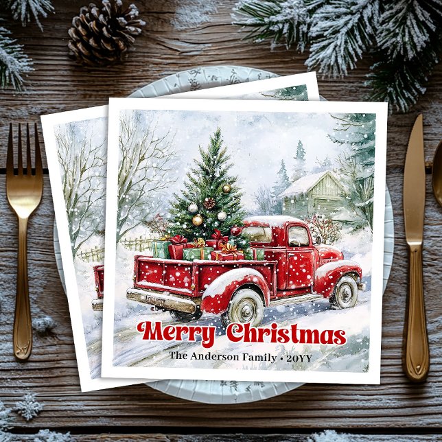 Weihnachtsszene mit festlichem rotem LKW auf rusti Serviette (Festive red truck Christmas scene rustic table Paper Dinner Napkins)
