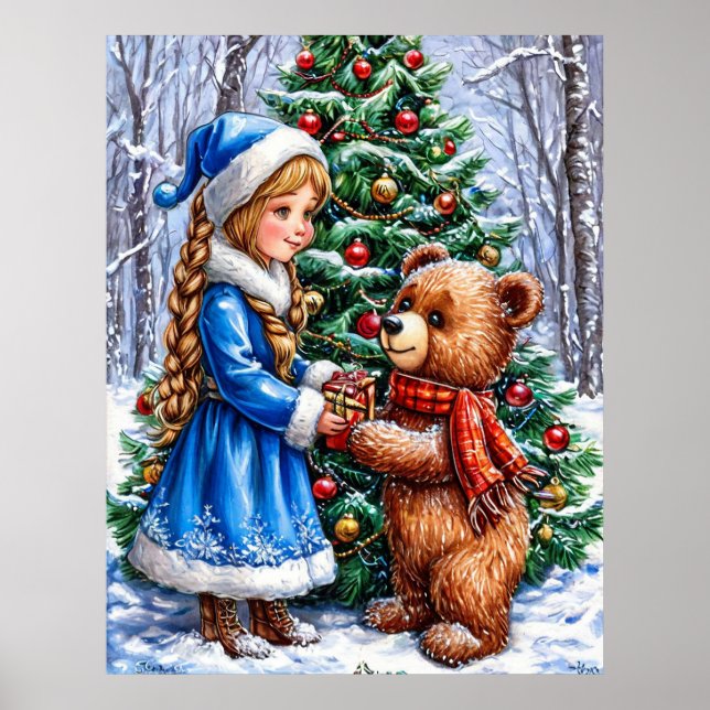 Weihnachtsszene mit Mädchen und Teddy Bären Poster (Vorne)