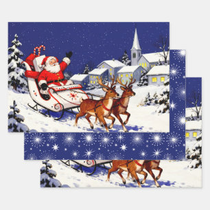 Weihnachtsszene mit winkendem Santa und Rentieren Geschenkpapier Set