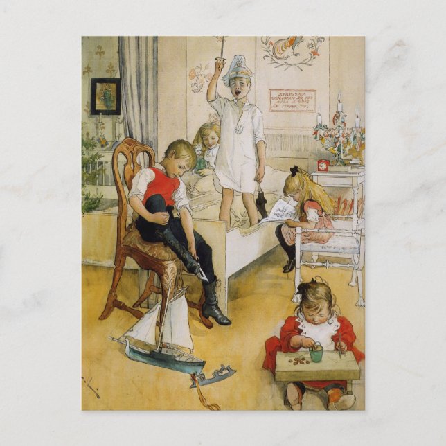 Weihnachtstag im Kinderzimmer Feiertagspostkarte (Vorderseite)