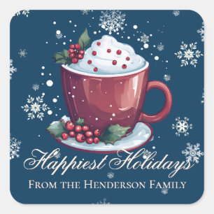 Weihnachtstasse heiße Schokolade Blau Quadratischer Aufkleber