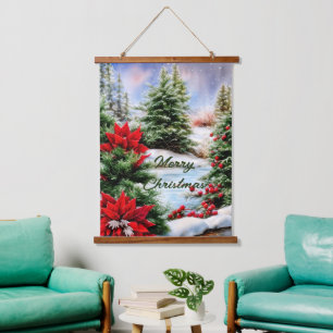 Weihnachtsteich mit Schnee Wandteppich Mit Holzrahmen