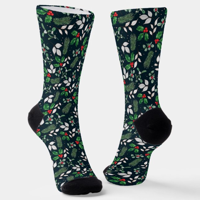 Weihnachtsthema Holly, Mistletoe, Rote Berries Socken (Gewinkelt)