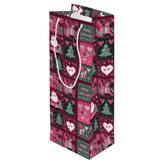 Weihnachtsthema Lila und rosa Frohe Weihnachten Geschenktüte Für Weinflaschen (Rückseite Schrägansicht)