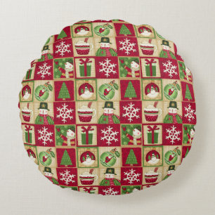 Weihnachtsthema Snowman Snowflakes Red Green Gold Rundes Kissen