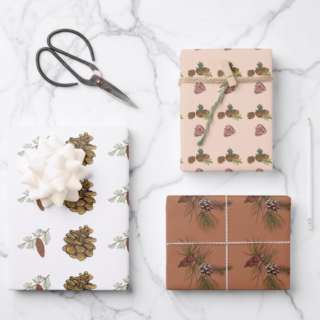 Weihnachtstiche und Zweige Rosa Muster Geschenkpapier Set (Vorderseite)