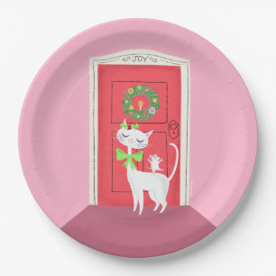 Weihnachtstier Retro Weiße Katze und Maus Papierpl Pappteller