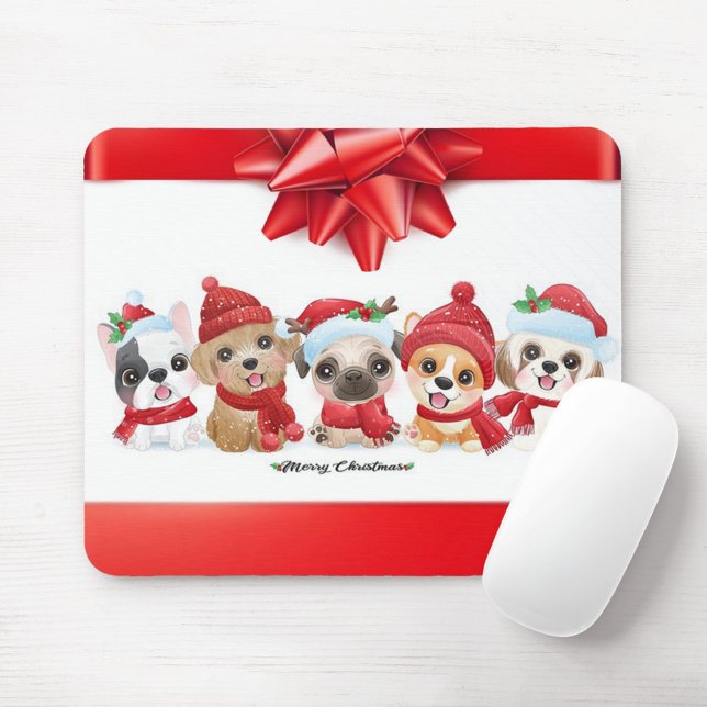 Weihnachtstiere Mousepad (Illustration of five cartoon dogs wearing Christmas hats and scarves.)