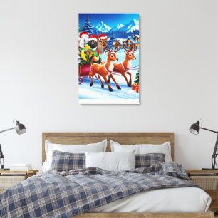 Weihnachtstiere Schlitten Leinwand Art 20" x 30"