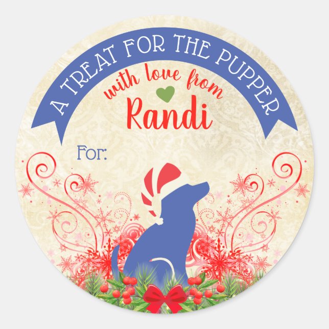 Weihnachtstierfutterhund-Leckereien personalisiert Runder Aufkleber (Vorderseite)