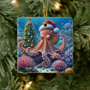 Weihnachtstintenfisch mit Santa-Hut Keramikornament