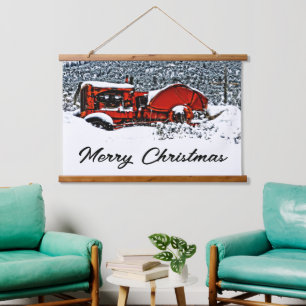 Weihnachtstraktor Schnee Wandteppich Mit Holzrahmen