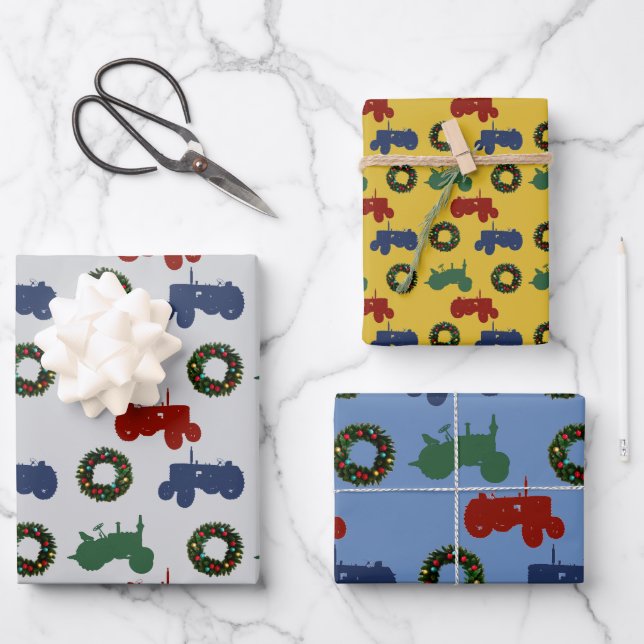 Weihnachtstraktoren gemustert geschenkpapier set (Vorderseite)