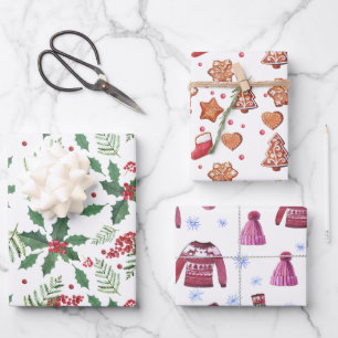 Weihnachtstrio - Cookies, Holly Berries & Sweaters Geschenkpapier Set