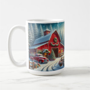 Weihnachtstruck und rotes Bauernhaus-Mug im Vintag Kaffeetasse