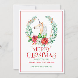 Weihnachtstypografie poinsettia & Einhornkranz Feiertagskarte