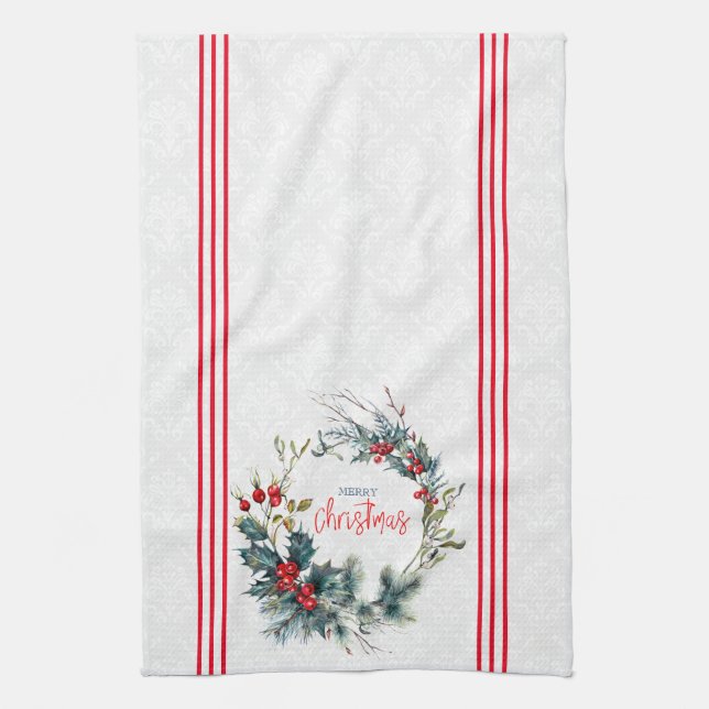 Weihnachtstypografie Rote Beeren Wasserfarbenkranz Geschirrtuch (Vertikal)