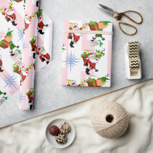 Weihnachtsverpackung Rosa & Weiße Streifen Santa Geschenkpapier