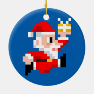 Weihnachtsverzierung: 8-Bitweihnachtsmann (blau) Keramikornament