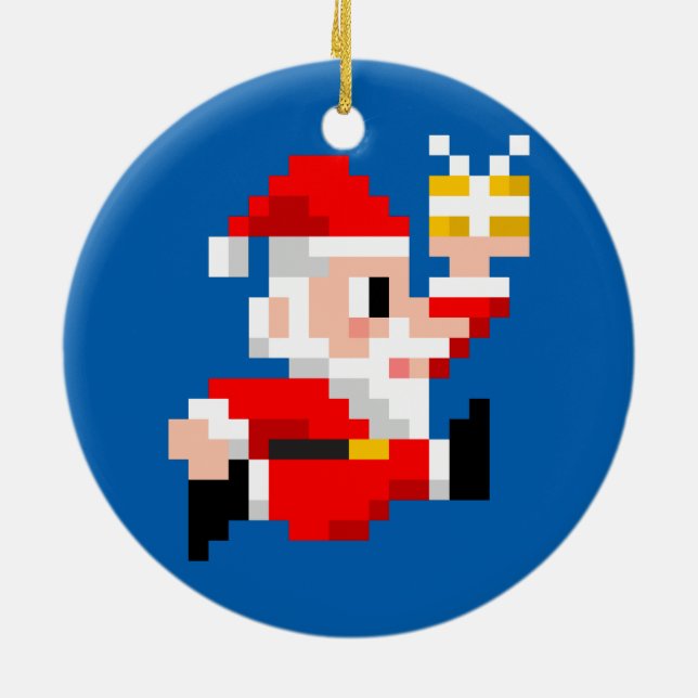 Weihnachtsverzierung: 8-Bitweihnachtsmann (blau) Keramikornament (Hinten)