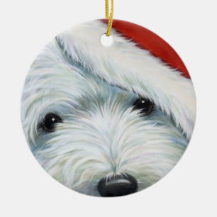 Weihnachtsverzierung "flockiger Sankt" Westie Keramikornament