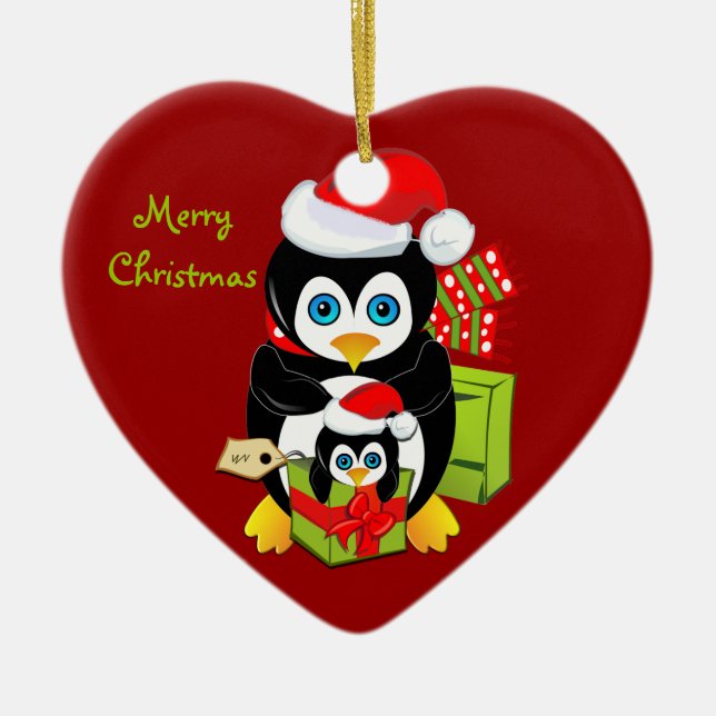 Weihnachtsverzierung mit Penguin-Mama und Baby Keramikornament (Vorne)