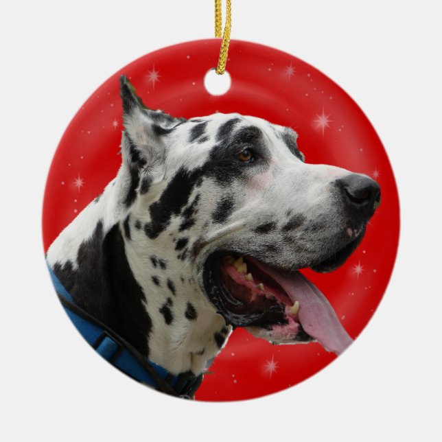 WEIHNACHTSverzierungs-HARLEKIN-DEUTSCHE DOGGE Keramikornament (Vorne)