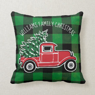 WeihnachtsVintager LKW-Familienname-Büffel karier Kissen