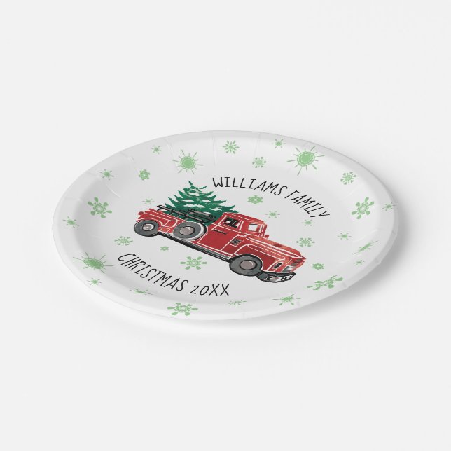 WeihnachtsVintager LKW mit Schneeflocken Pappteller (Schrägansicht)