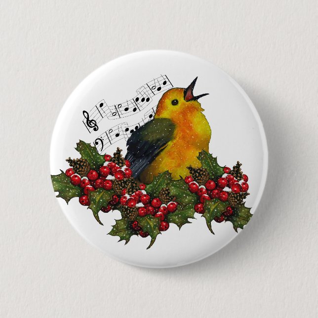 Weihnachtsvogel, der mit Hollly, Beeren singt Button (Vorderseite)
