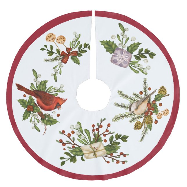 Weihnachtsvögel Holly Brushed Polyester Tree Skirt Weihnachtsbaumdecke (Vorderseite)