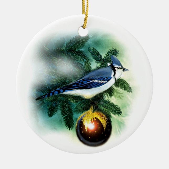 Weihnachtsvogel-hübsche blaue Jay-Baum-Verzierung Keramikornament (Vorne)