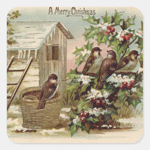 Weihnachtsvogel Stechpalme Schnee Leiter Ernte Quadratischer Aufkleber