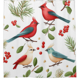 Weihnachtsvögel und Beeren Duschvorhang