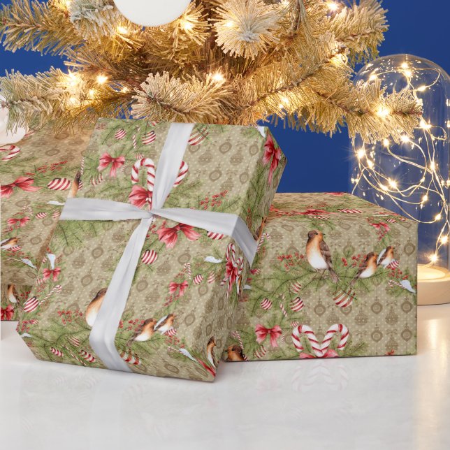 Weihnachtsvögel und Kiefernstrassen und Kanonen Geschenkpapier (Feiertage)