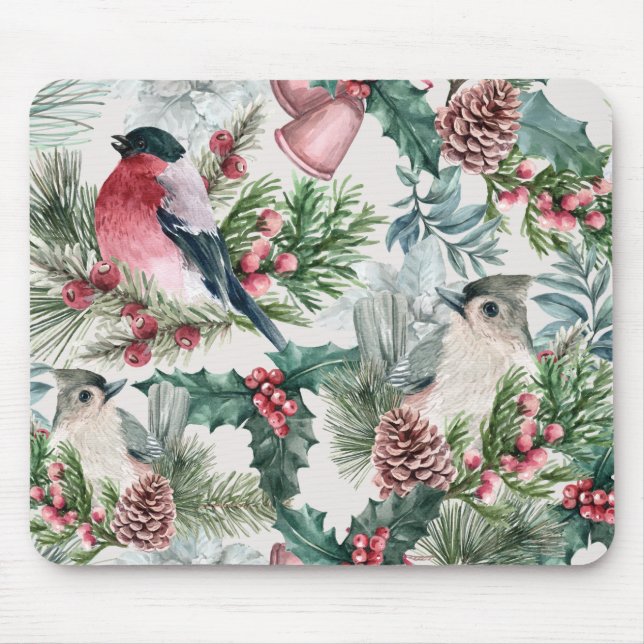 Weihnachtsvögel und Pinien Blumenmuster Mousepad (Vorne)