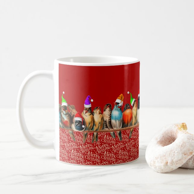 Weihnachtsvögel Weihnachtsmannmütze Red Blue Green Kaffeetasse (Mit Donut)