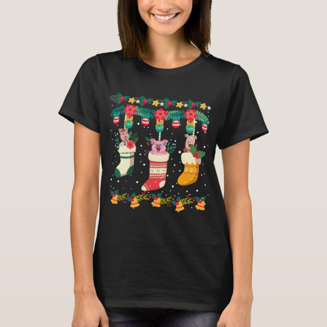 Weihnachtsvorräte Pig Weihnachtslicht Pajama Match T-Shirt (Vorderseite)