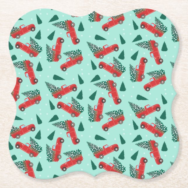 Weihnachtswagen mit einem Baum rot Untersetzer (Vorderseite)