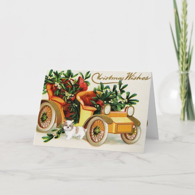 Weihnachtswagen mit Niedlicher Welpe Karte (Vorderseite)