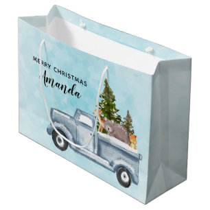 Weihnachtswagen mit Pinienbäumen und Waldtieren Große Geschenktüte